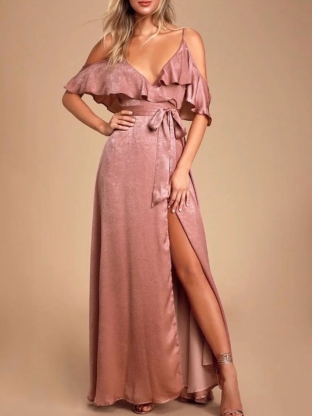 Lulu's Dusty Rose Satin Maxi Dress with Ruffle Bodice XL